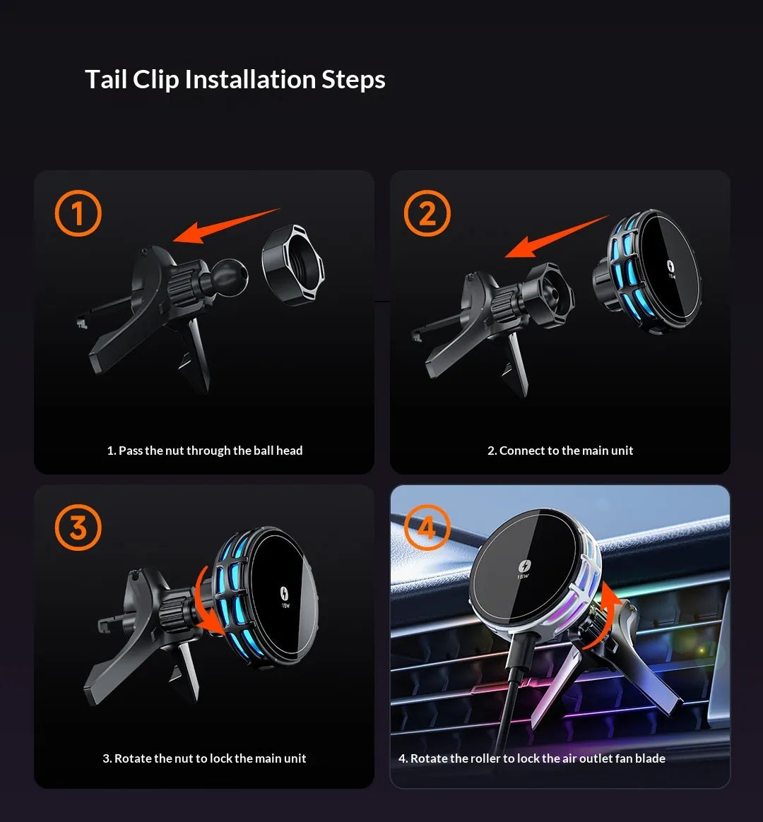 15W Wireless Charging Magnetic Car Phone Mount With Mirror Finish For Cars