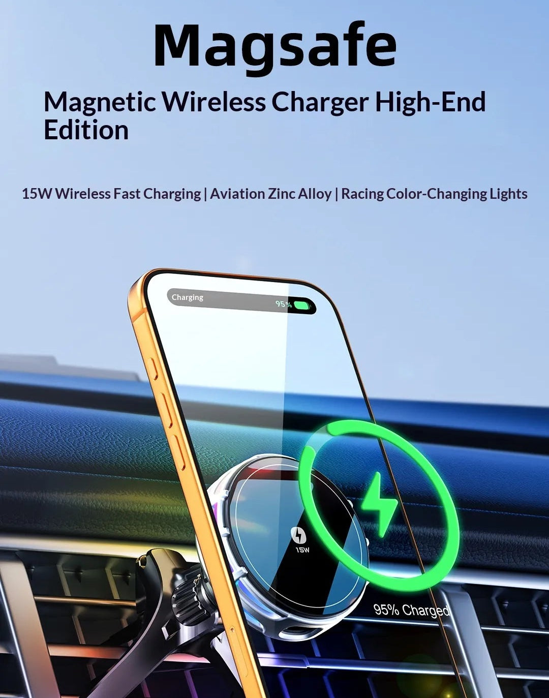 15W Wireless Charging Magnetic Car Phone Mount With Mirror Finish For Cars