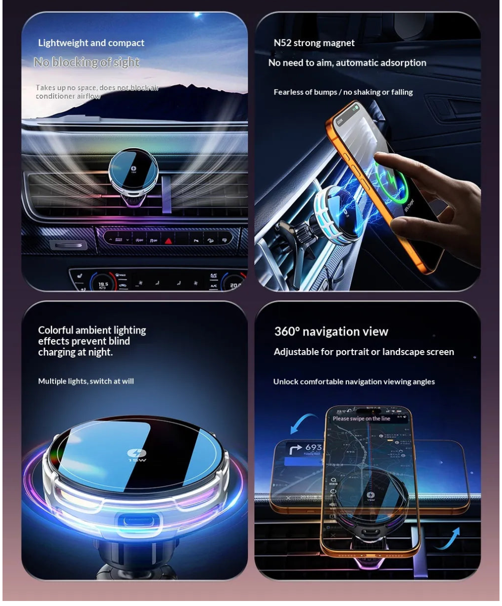 15W Wireless Charging Magnetic Car Phone Mount With Mirror Finish For Cars